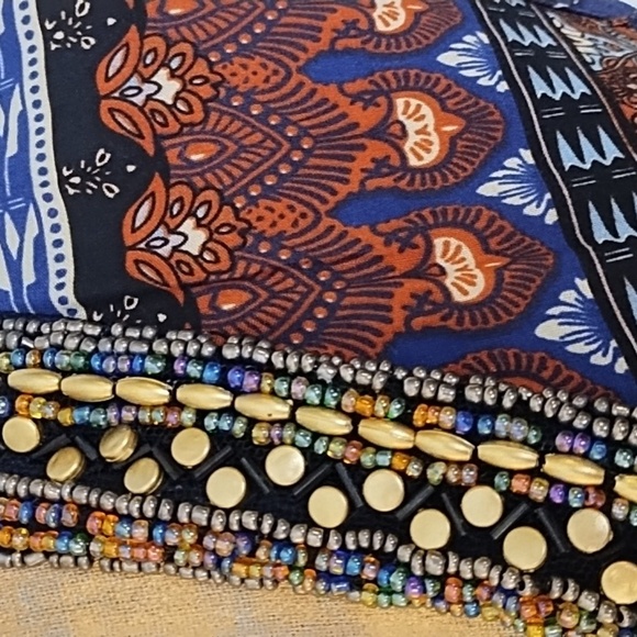 Bohemian Maxi Dress with Beaded V-Neckline Elastic Blouson Shirt Waist NWT - Picture 2 of 16